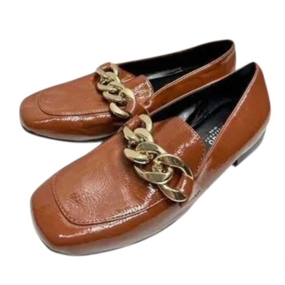 Blondo Waterproof Chain Accent Loafers Square Toe Brown‎ Patent Leather Size 5